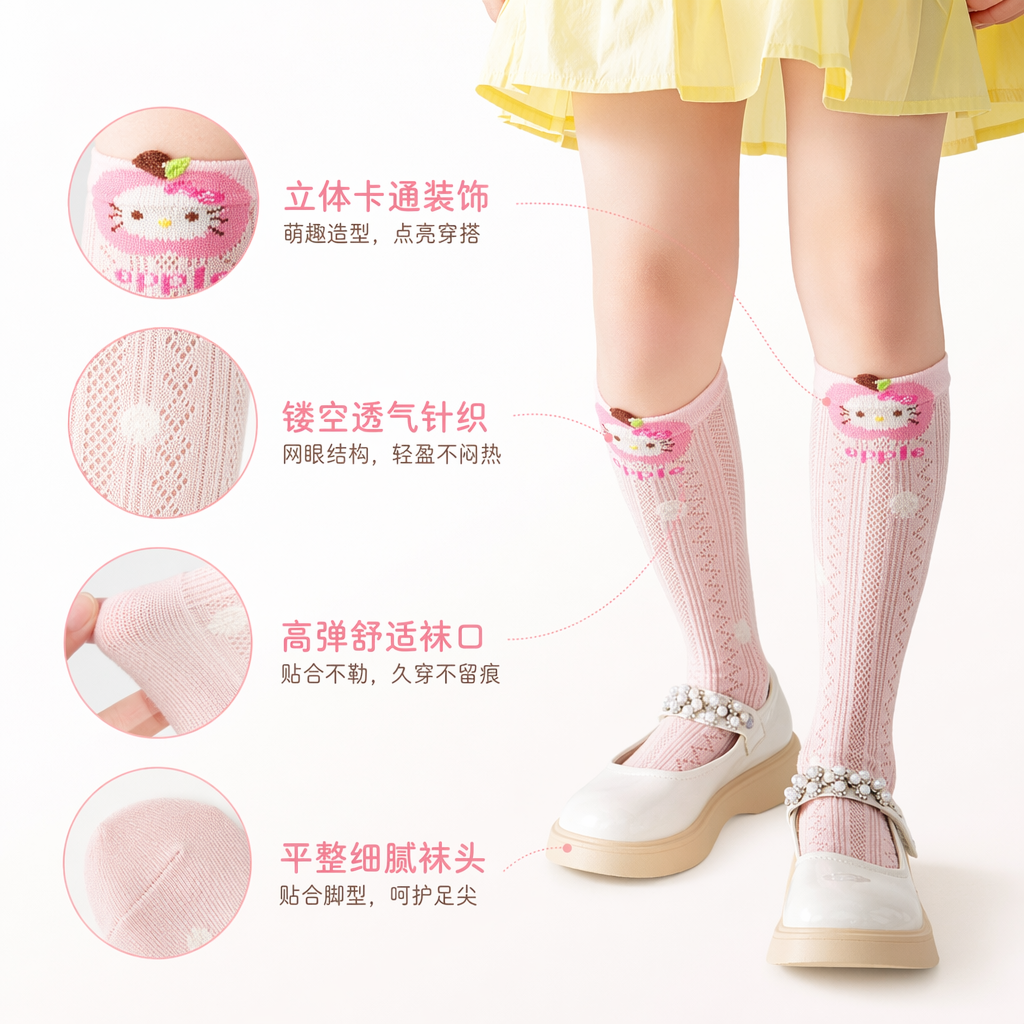 粉色无骨小腿袜Hello Kitty苹果图案竖条纹波浪纹一双装5189-B