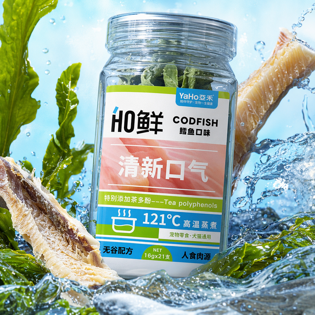 鲜鳕鱼口味透明玻璃罐装宠物零食 清新口气 无谷配方 人食级肉源 茶多酚添加 Specification image