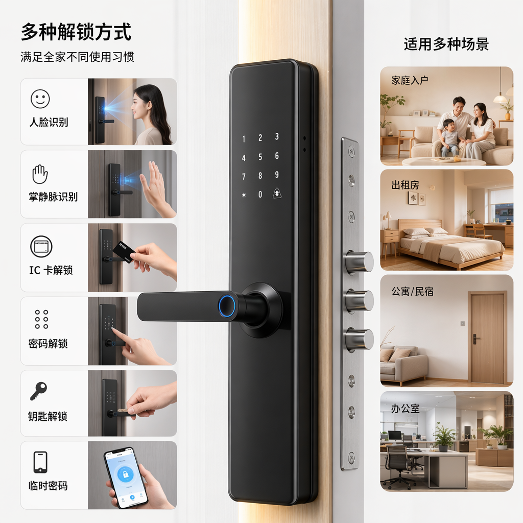 黑色智能门锁 指纹密码解锁 防撬防盗 家用电子锁 免打孔安装