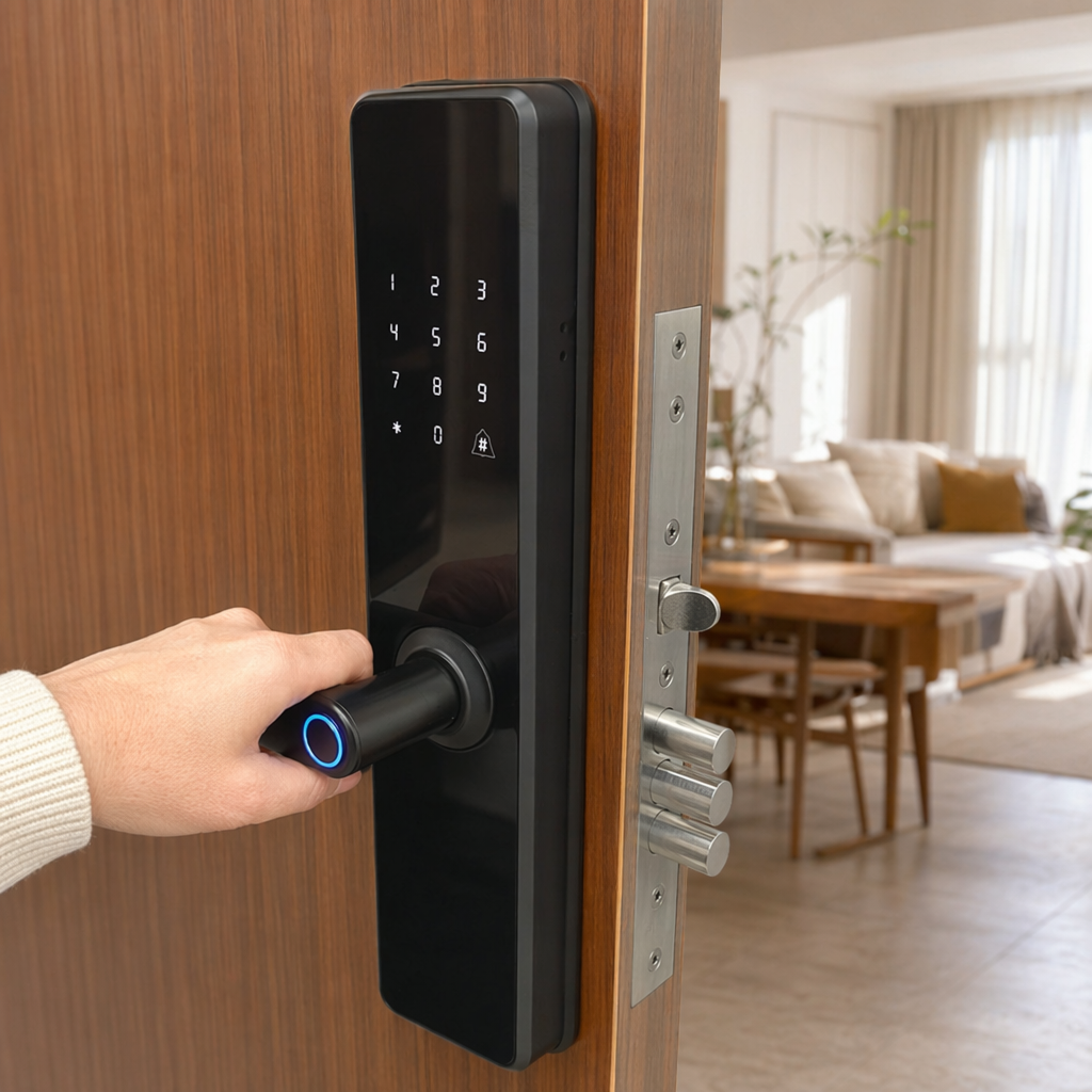 Black smart door lock with fingerprint password unlocking, anti-picking and anti-theft household electronic lock, no need for drilling installation details Picture