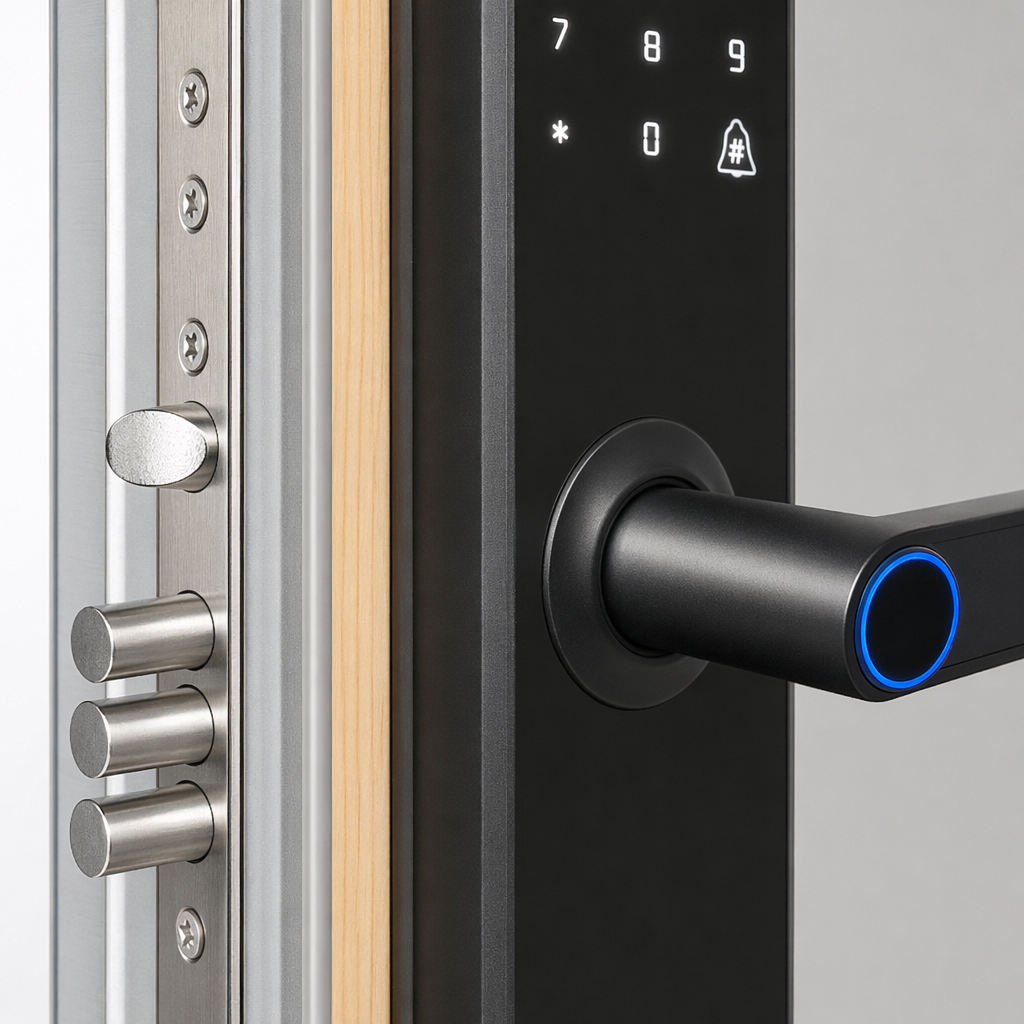 Black smart door lock with fingerprint password unlocking, anti-picking and anti-theft household electronic lock, no need for drilling installation Application Scenario