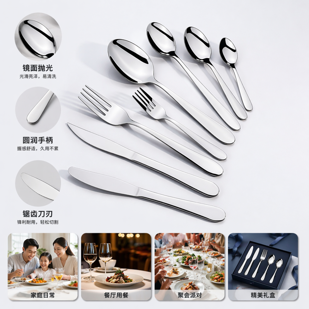 银色餐具套装 不锈钢家用叉勺刀套装 24件套
