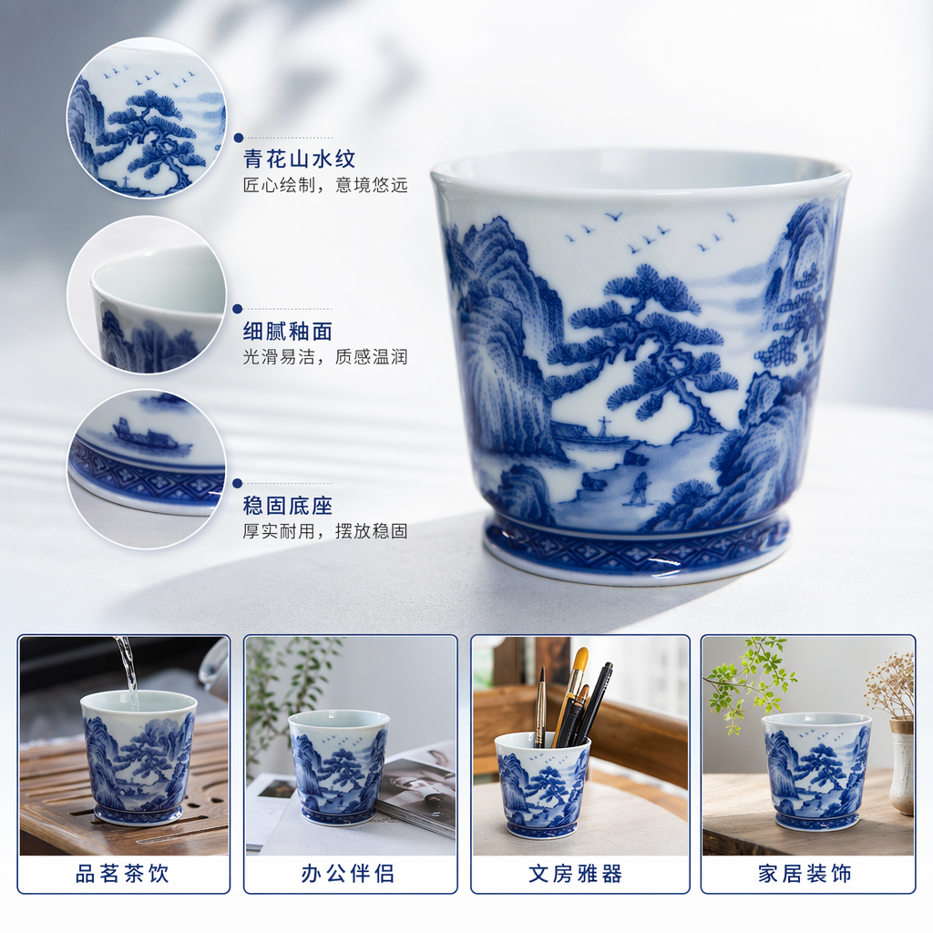 青花山水纹陶瓷杯 家用茶杯 办公水杯 礼品杯