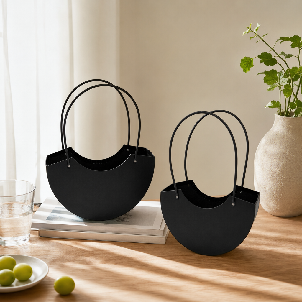 Black semi-circular hand-held basket woven storage basket, home living room and bedroom organizing basket details Picture