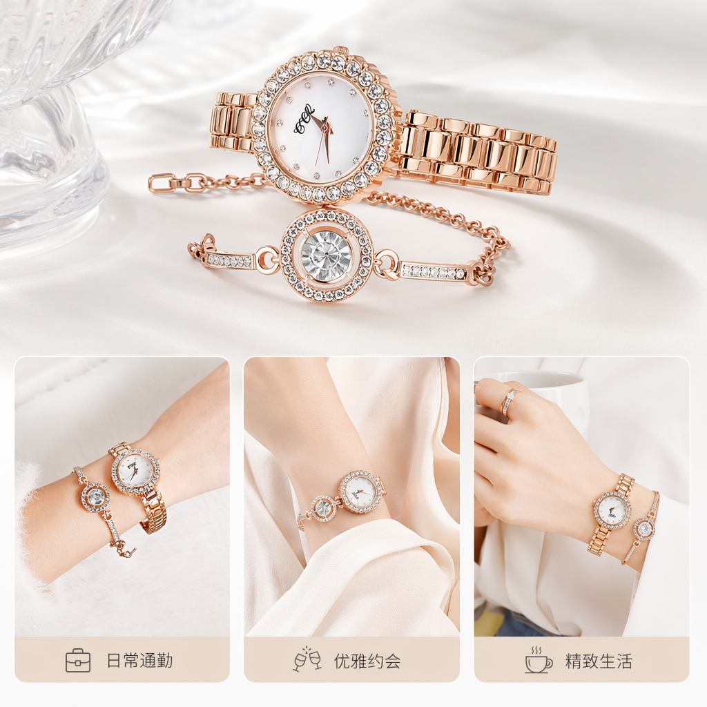 金色镶钻手表手链套装 时尚轻奢女士配饰