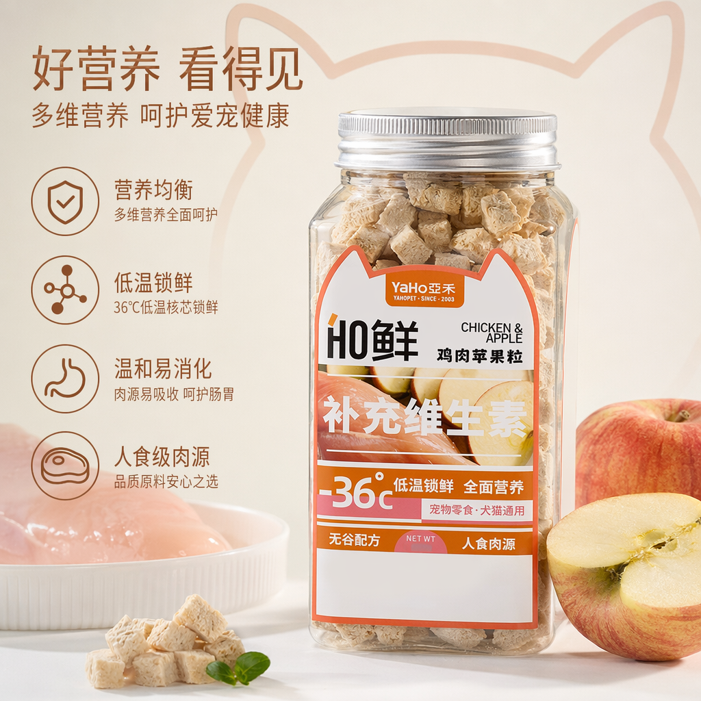 YaHo chicken, Apple, Pet snacks, transparent plastic bottle, cat ear label, fresh and rich in vitamins