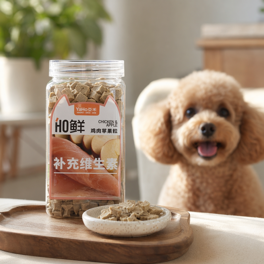 YaHo chicken, Apple, Pet snacks, transparent plastic bottle, cat ear label, fresh and rich in vitamins details Picture