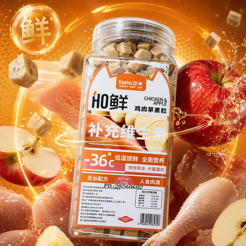 YaHo chicken, Apple, Pet snacks, transparent plastic bottle, cat ear label, fresh and rich in vitamins Specification image