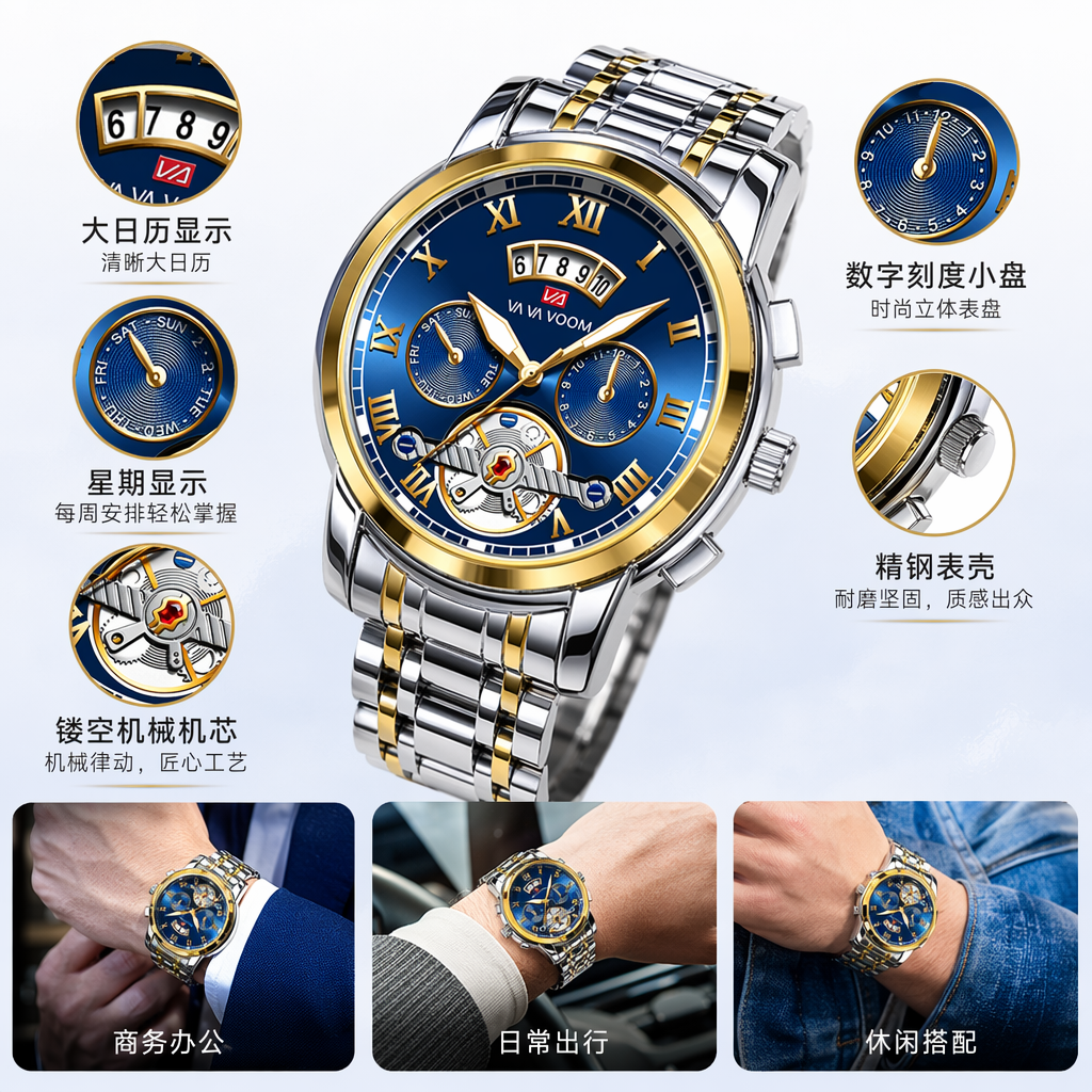 蓝面金边机械表男士简约商务腕表自动上链图
