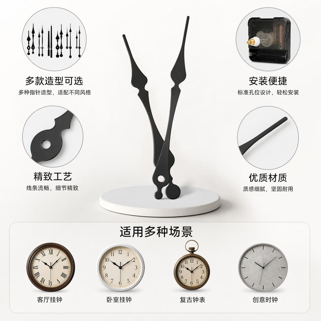 深绿色时分针套装含六组造型钟表指针加铜套比例缩小2:1标注尺寸
