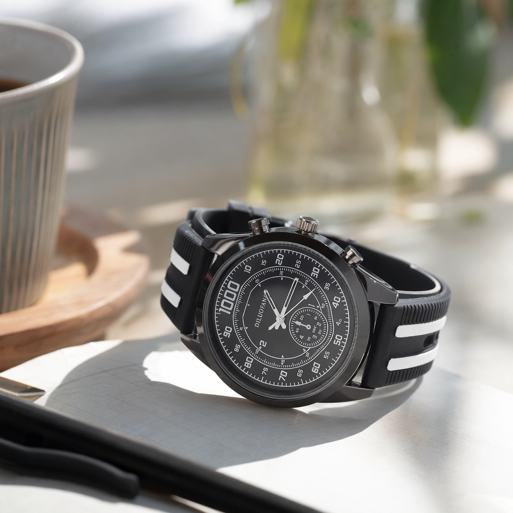 Black chronograph men's sports waterproof wristwatch with luminous hands for precise timekeeping details Picture