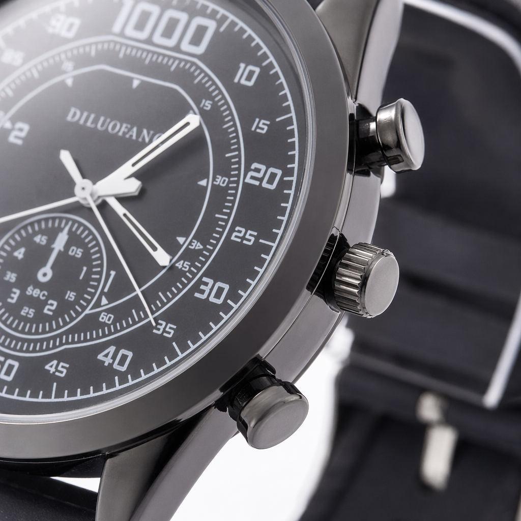 Black chronograph men's sports waterproof wristwatch with luminous hands for precise timekeeping Application Scenario