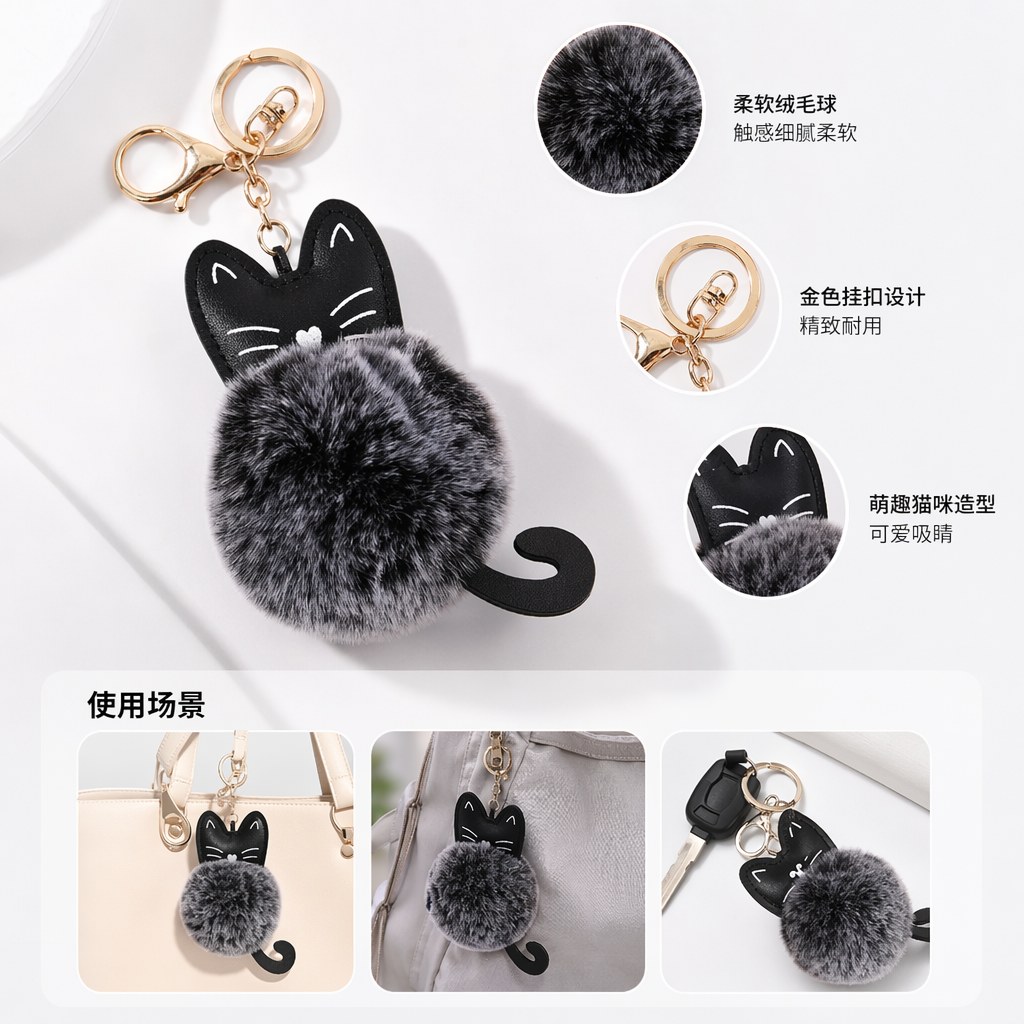 黑色猫咪造型钥匙扣配灰色毛绒球金色挂环