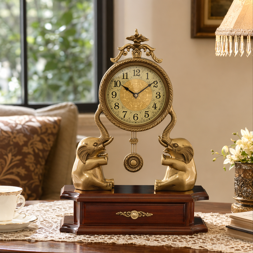 A creative home living room decoration and retro wall clock in the shape of a golden elephant details Picture