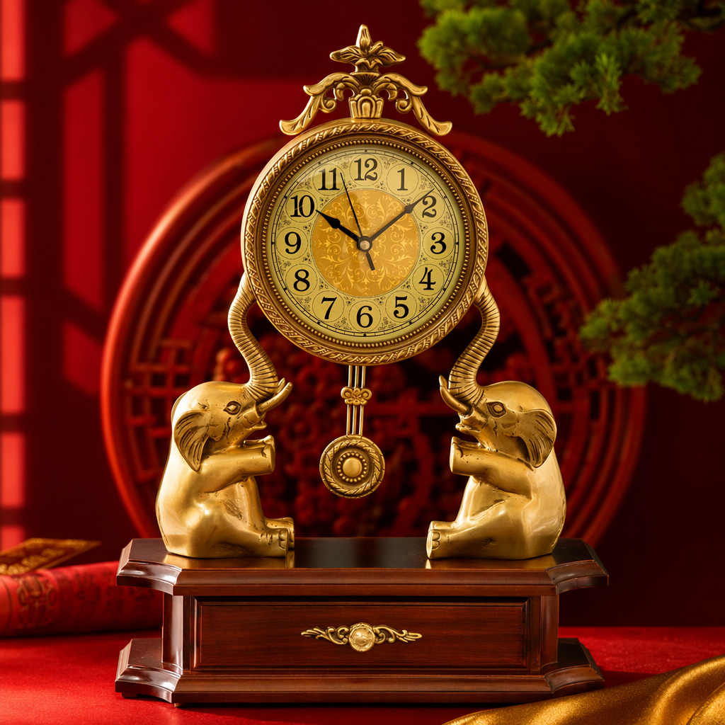 A creative home living room decoration and retro wall clock in the shape of a golden elephant Specification image