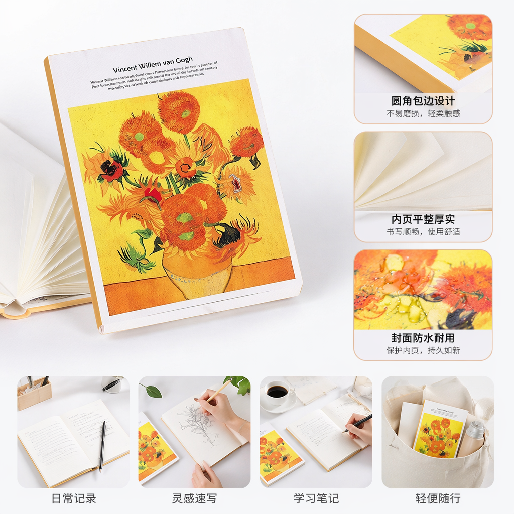 A simple and artistic notebook A5 with blank inner pages featuring sunflower paintings