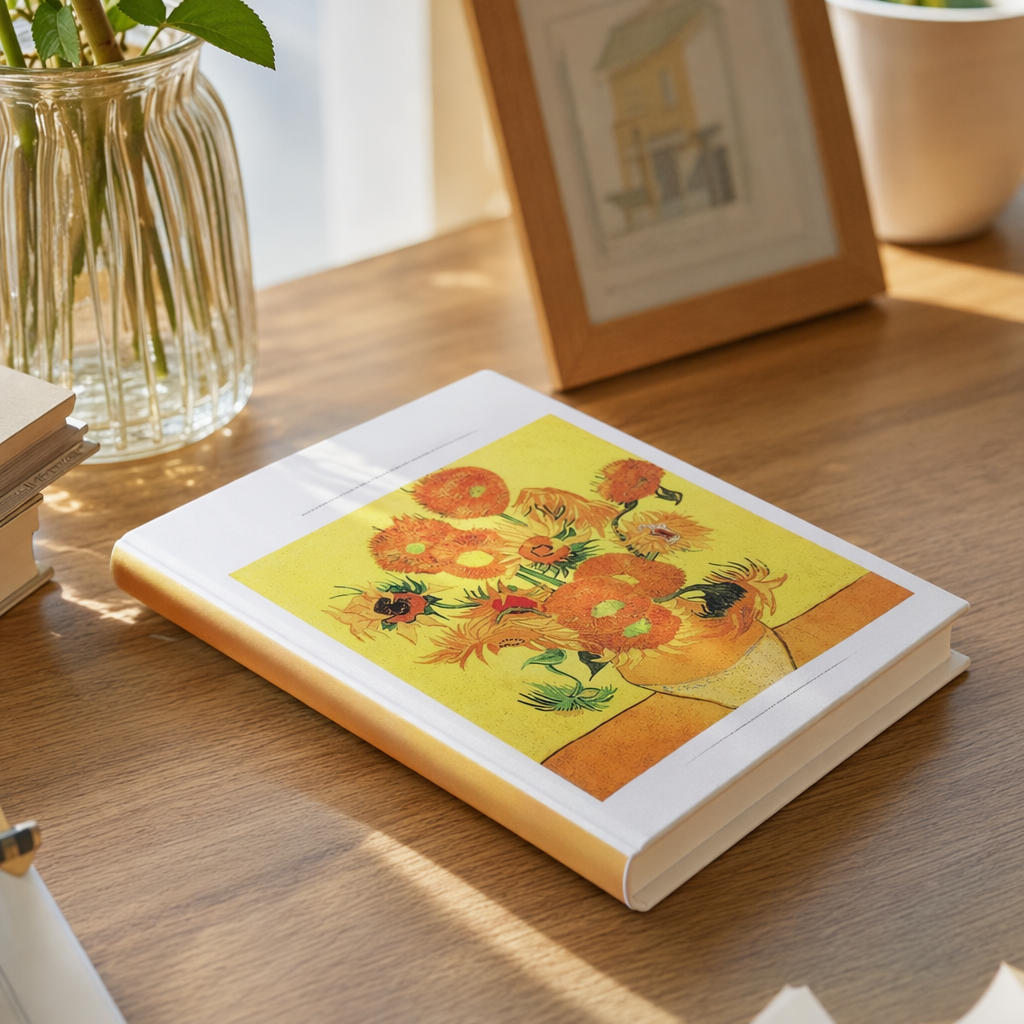 A simple and artistic notebook A5 with blank inner pages featuring sunflower paintings details Picture