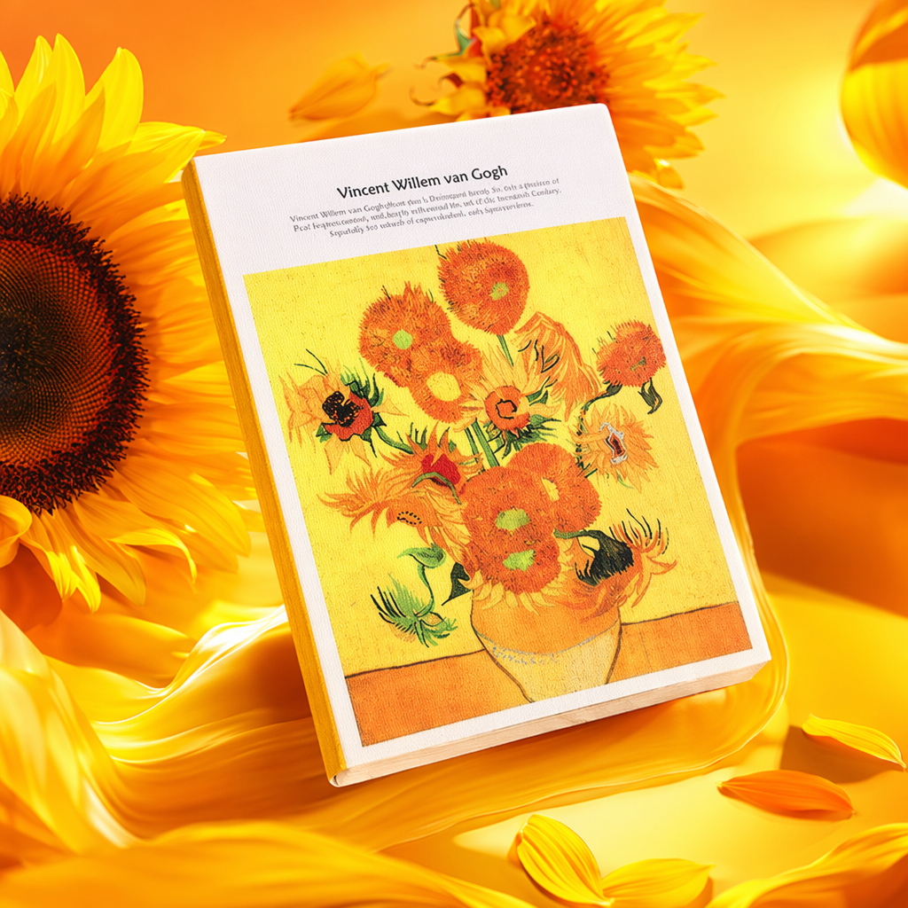 A simple and artistic notebook A5 with blank inner pages featuring sunflower paintings Specification image