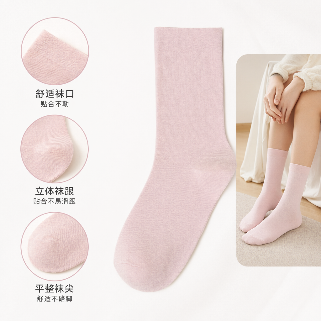 Pink pure cotton mid-calf socks for women are comfortable, breathable and versatile for daily wear