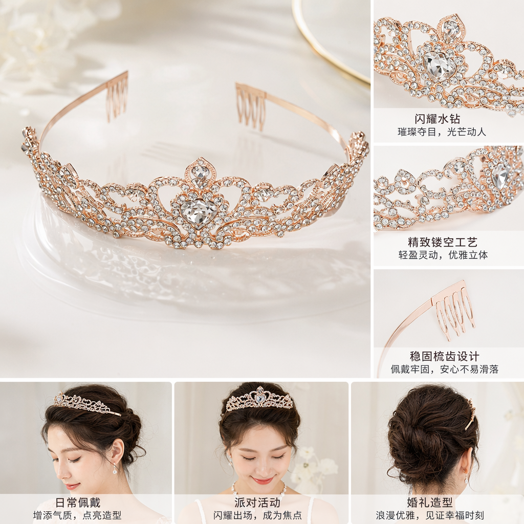 Rose gold diamond-encrusted crown headwear for ladies' wedding party decoration hair accessory