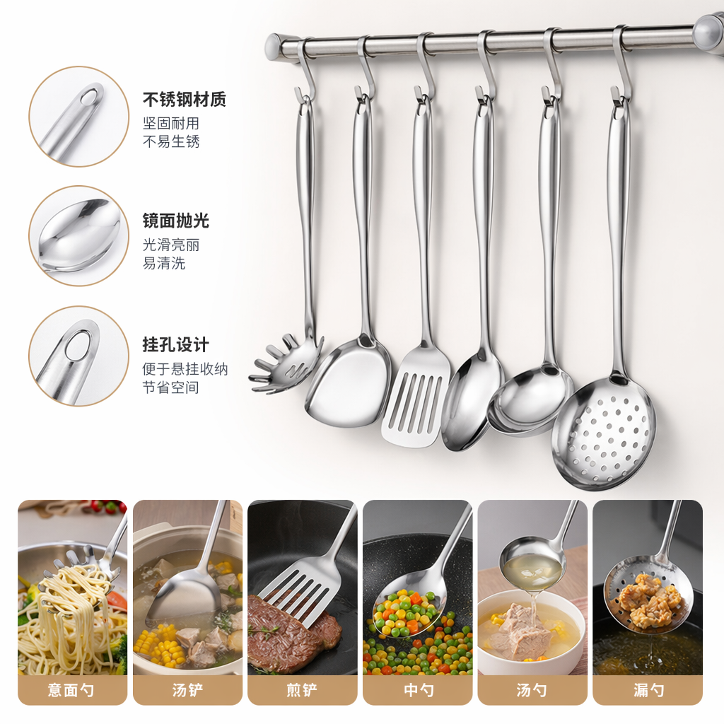 银色不锈钢厨房厨具套装含锅铲汤勺多件套图