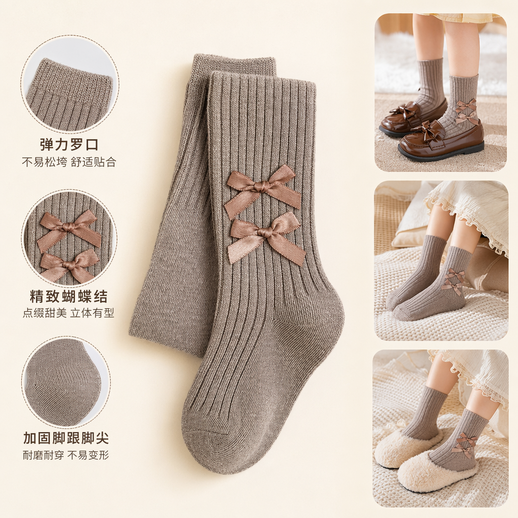 Beige vertical striped knitted socks with a double pink bow decoration on the top