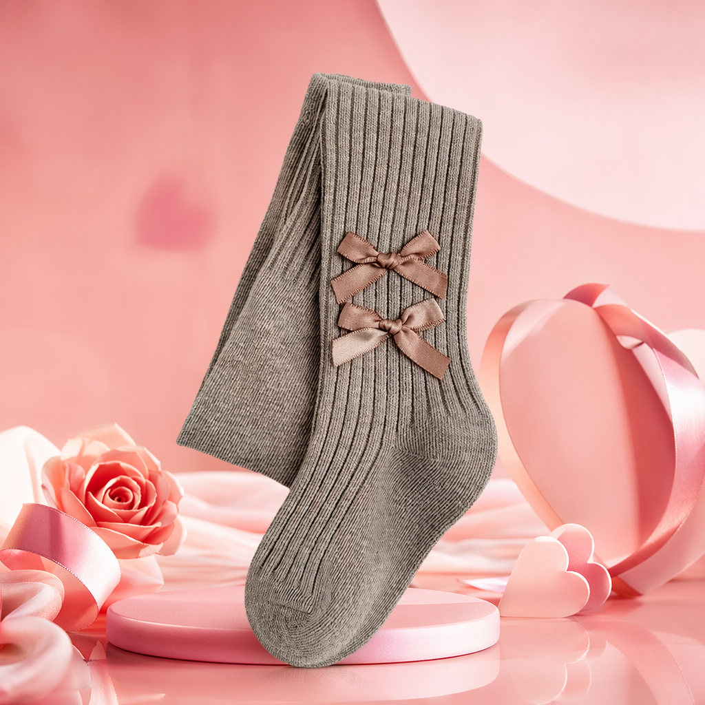 Beige vertical striped knitted socks with a double pink bow decoration on the top Specification image