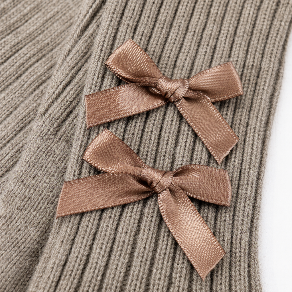 Beige vertical striped knitted socks with a double pink bow decoration on the top Application Scenario