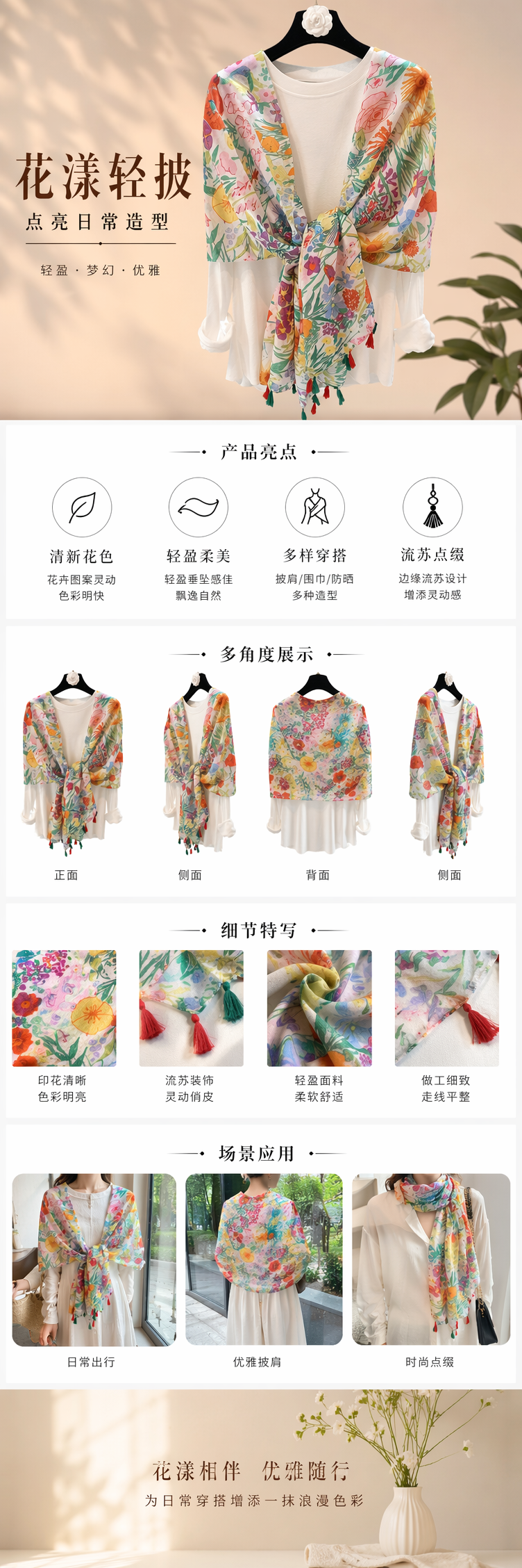 彩色花卉围巾搭配白色上衣秋冬保暖纯棉女士 scarf详情1