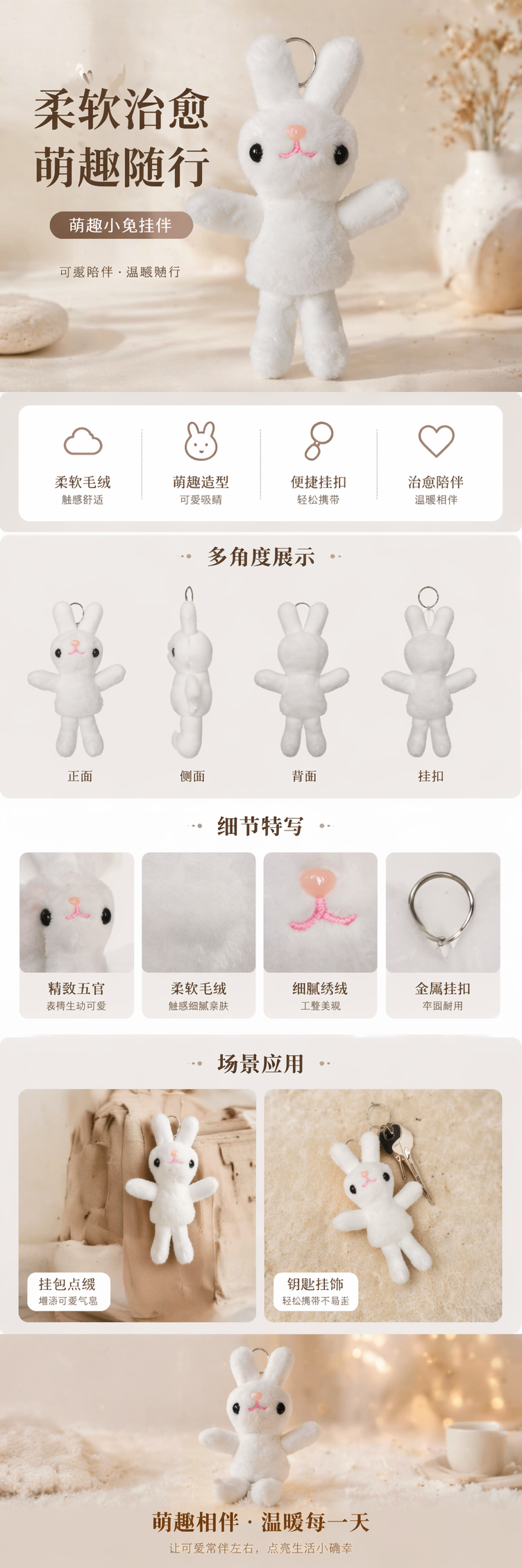 白色兔子毛绒钥匙扣可爱萌趣挂件车载包包装饰详情1