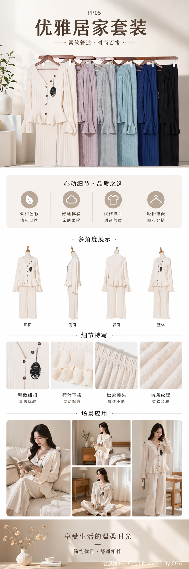 多色竖条纹针织家居服套装 男女同款舒适亲肤详情1