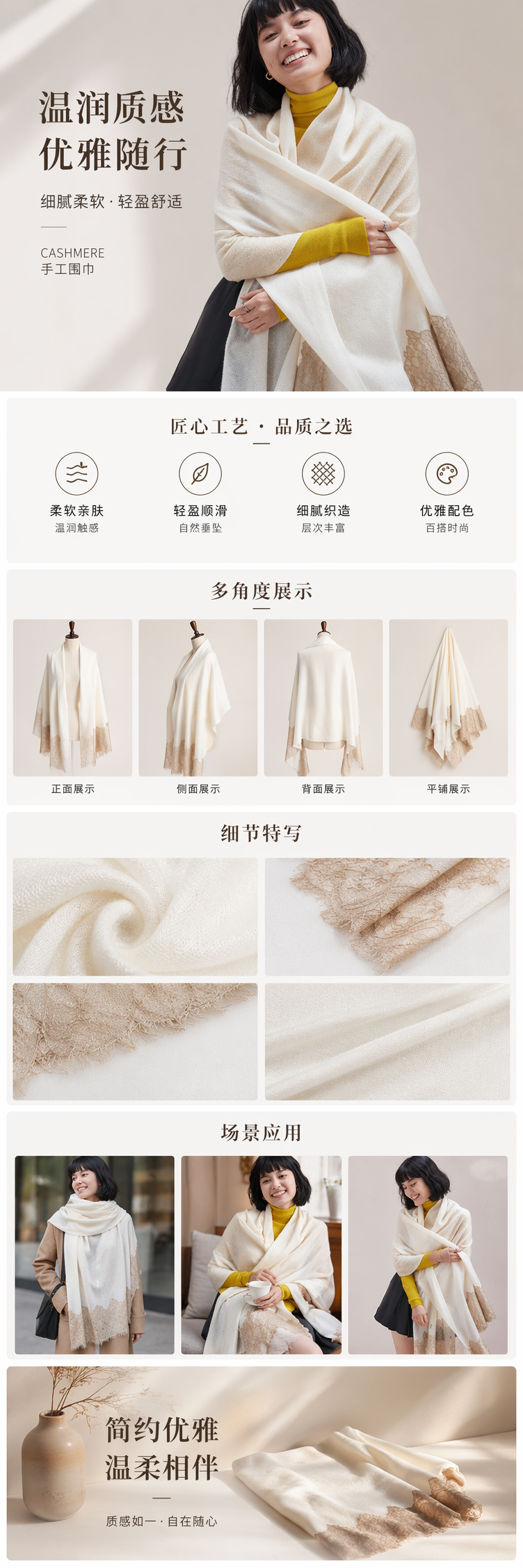 米白色蕾丝边围巾女秋冬保暖纯棉针织长款时尚百搭详情1