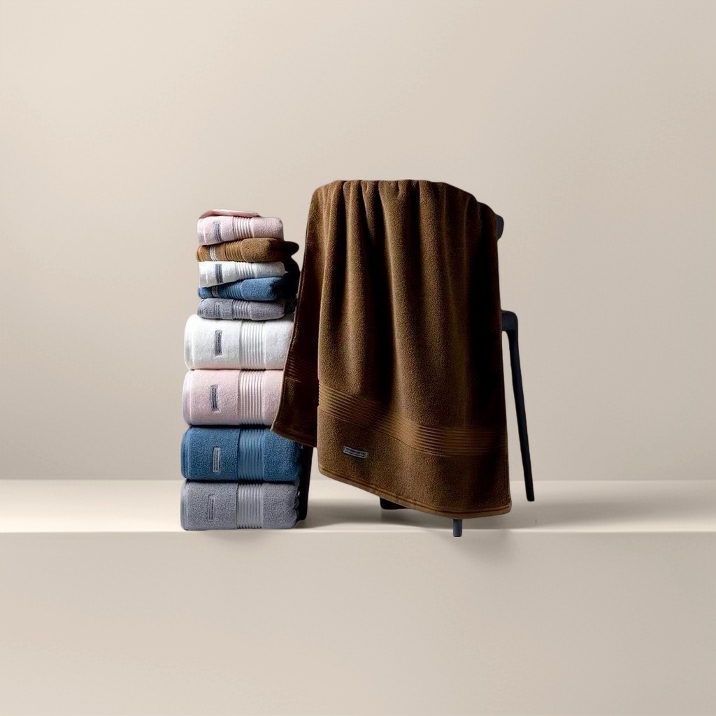 منشفة بنية مربوطة بكرسي أسود مع مناشف متعددة الألوان لعرضها Specification image