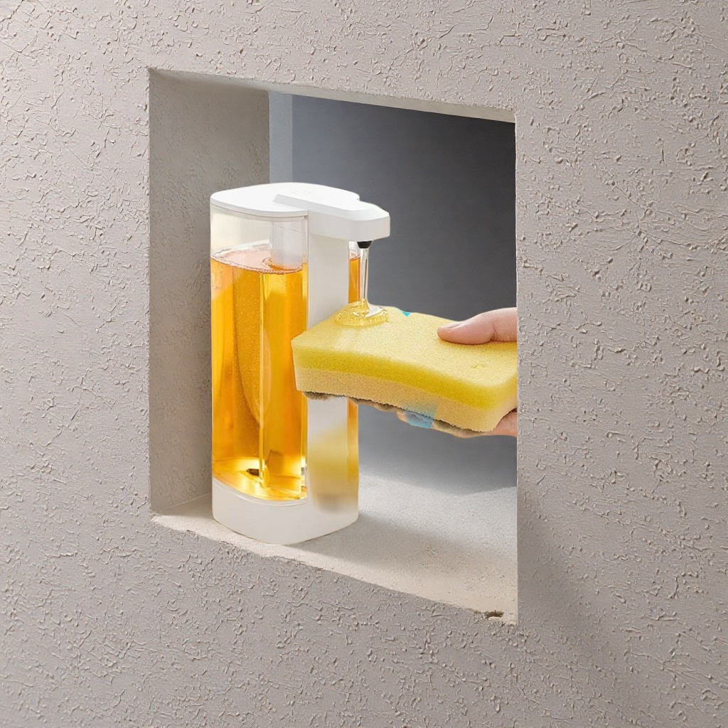 A white automatic dispensing bottle with a yellow sponge cleaning kit details Picture