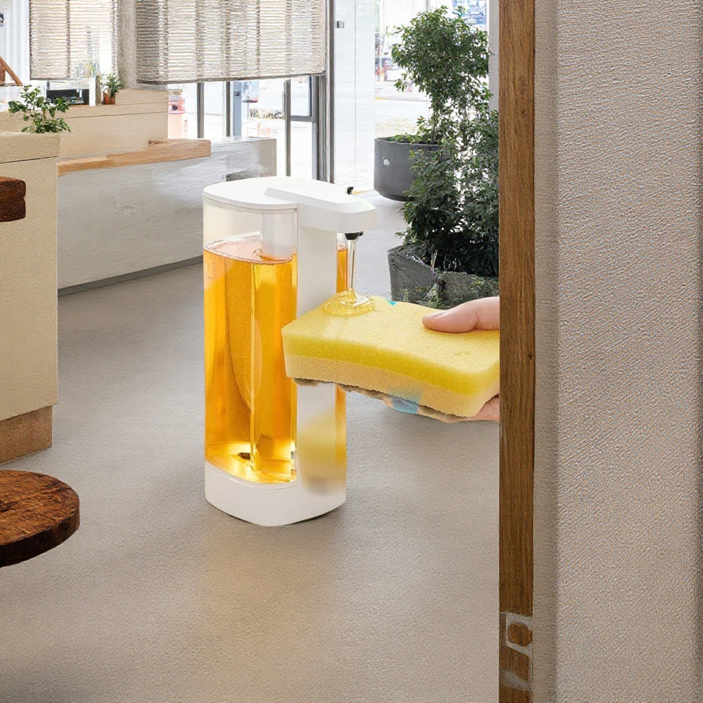 A white automatic dispensing bottle with a yellow sponge cleaning kit Application Scenario