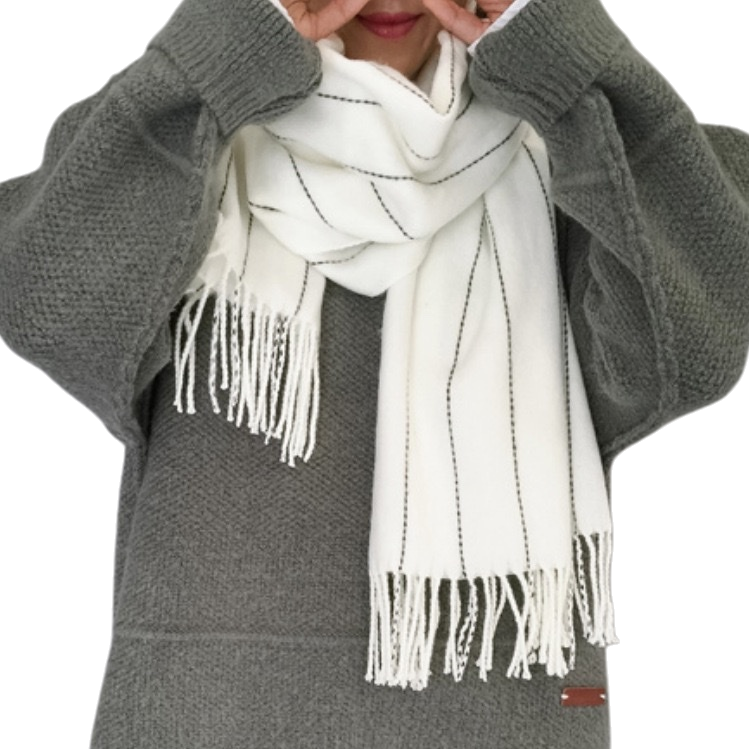 White striped tassel scarf with figure embroidery, thickened pure cotton, a must-have for autumn and winter Item Picture