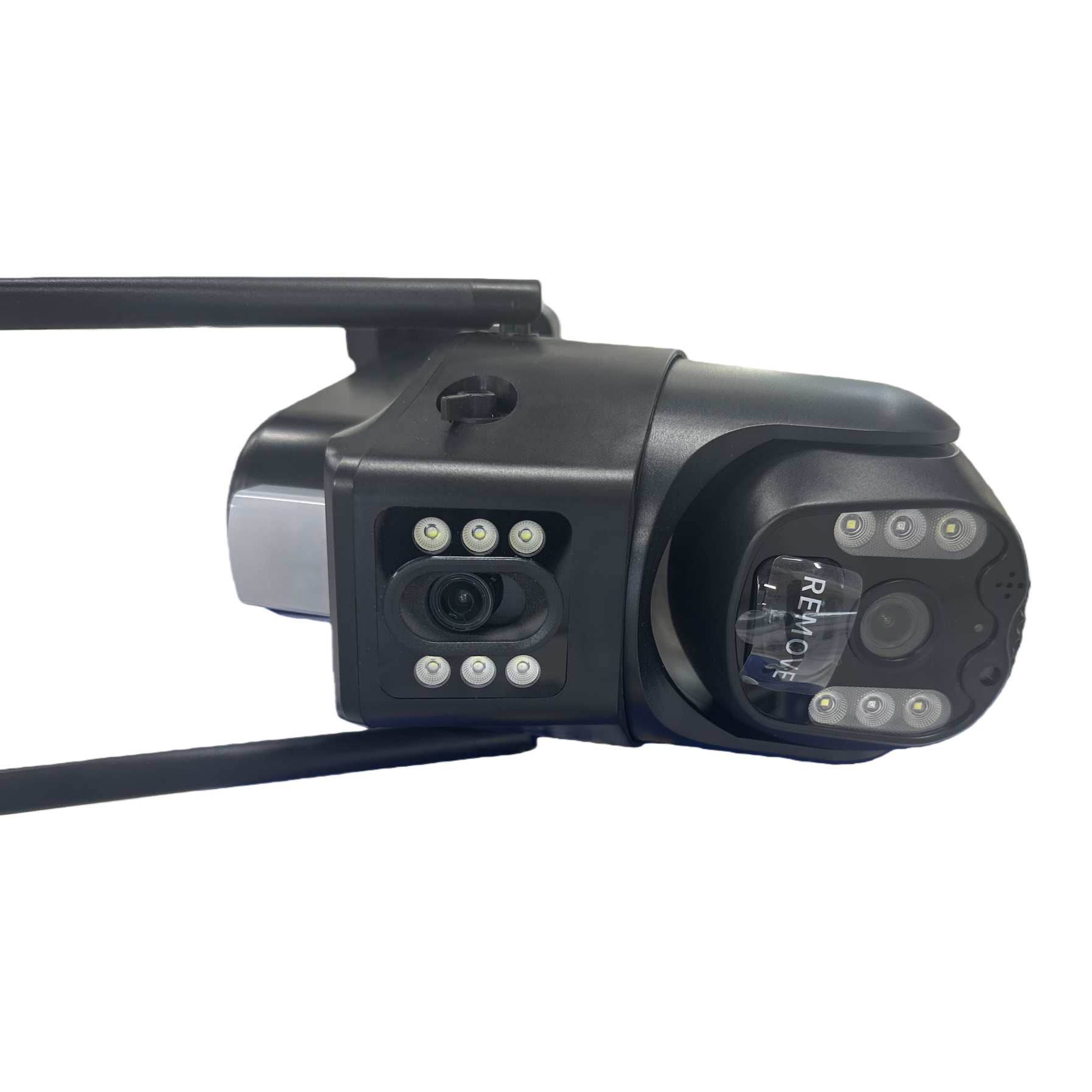 The black dual-lens surveillance camera with a 4-megapixel metal body features intelligent voice recognition for both indoor and outdoor use Item Picture