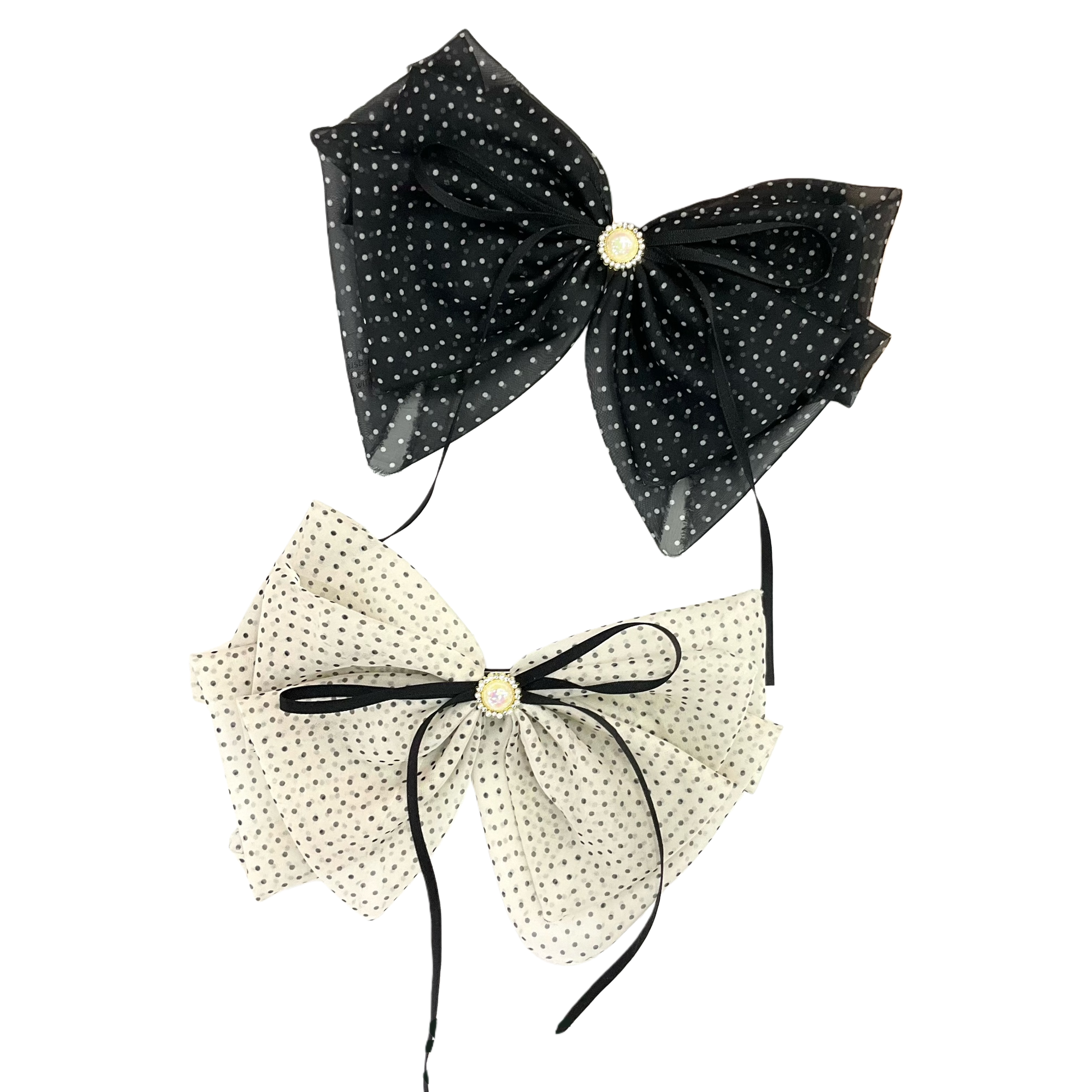 Black beige polka dot chiffon bow hair accessory, an elegant headwear for ladies Item Picture