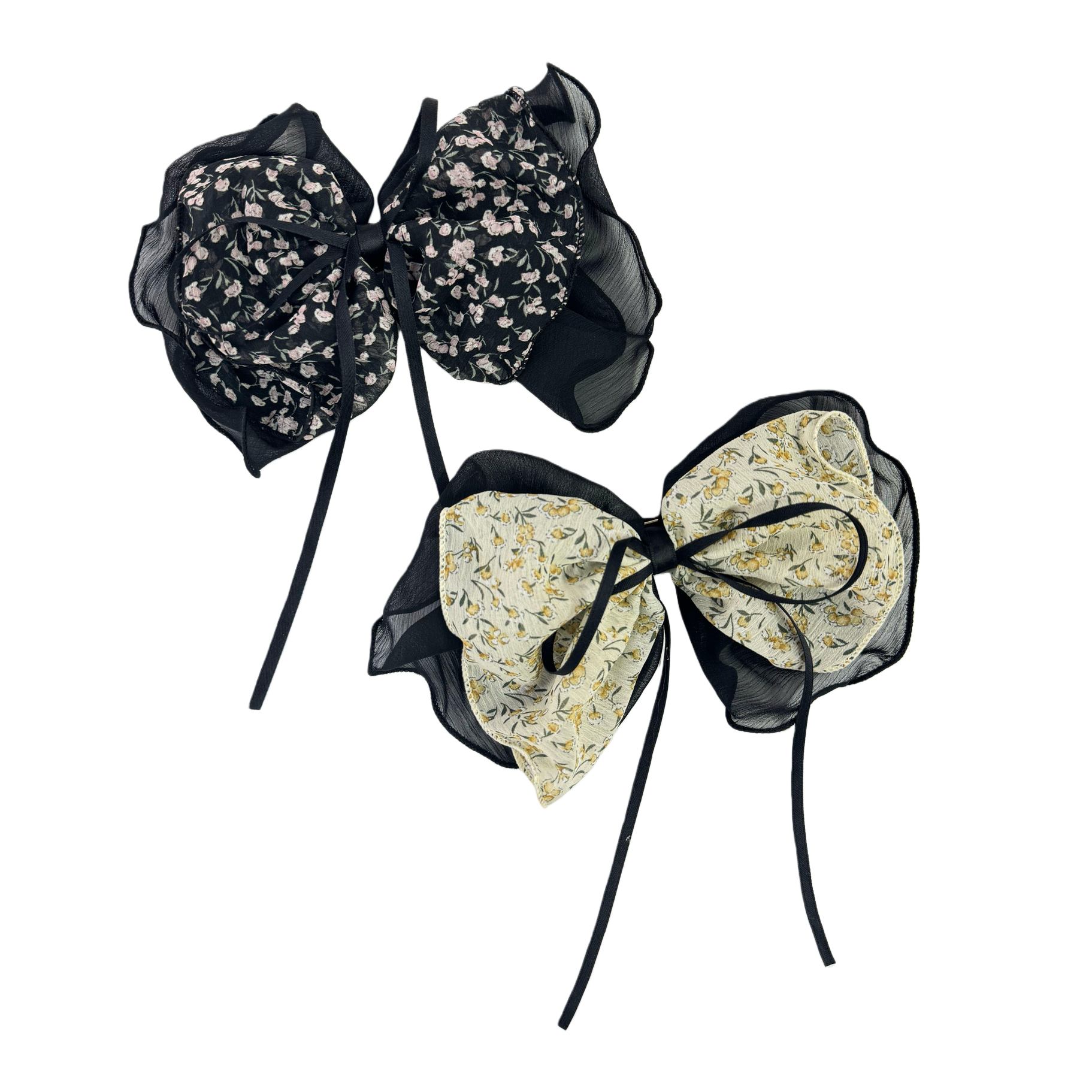 Black floral and beige floral double bow hair accessory with black mesh edge ribbon tail Item Picture