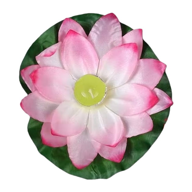 Pink lotus lamp with pinkish-white gradient petals, light green wick and lotus leaf base Item Picture