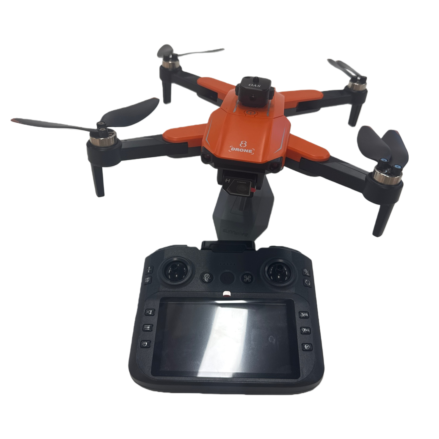 An orange lightweight drone with a black anti-slip remote control for indoor and outdoor flights Item Picture