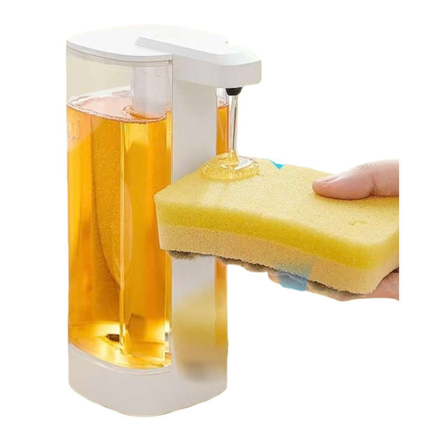 A white automatic dispensing bottle with a yellow sponge cleaning kit Item Picture
