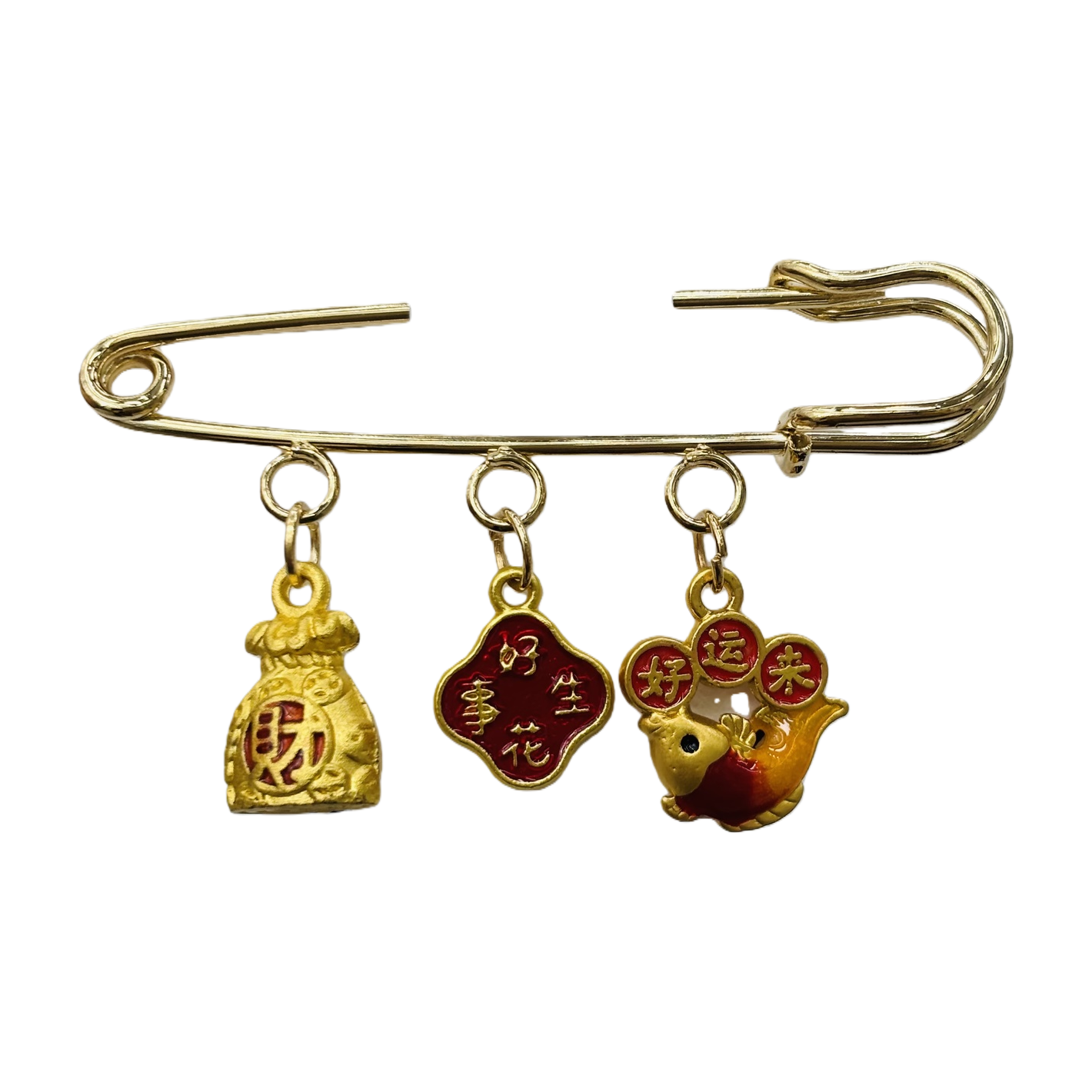 دبوس الأمان الذهبي مع ثلاث قطع صينية محظوظة من الفول السوداني الطيب Item Picture