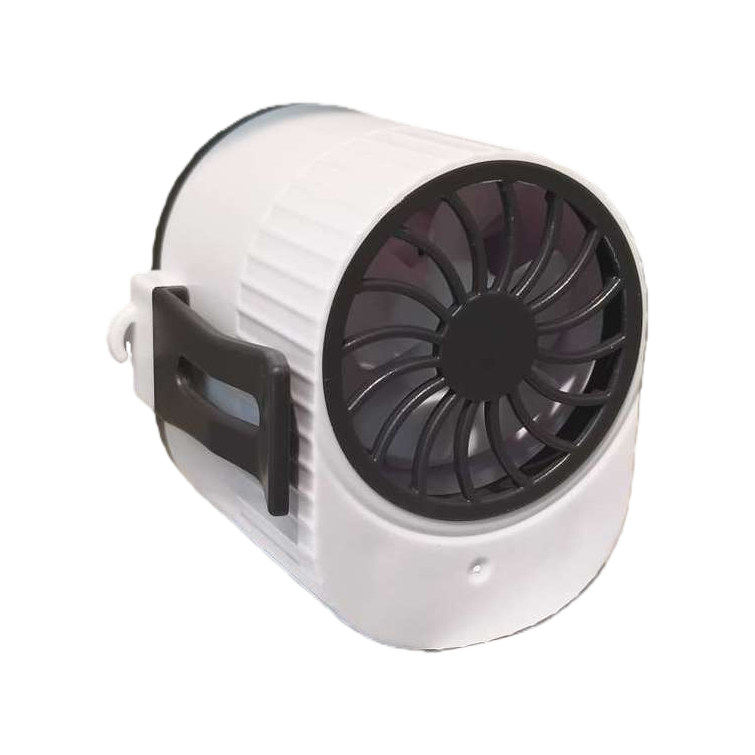The white waist-mounted mini fan is portable with USB charging and adjustable wind speed Item Picture