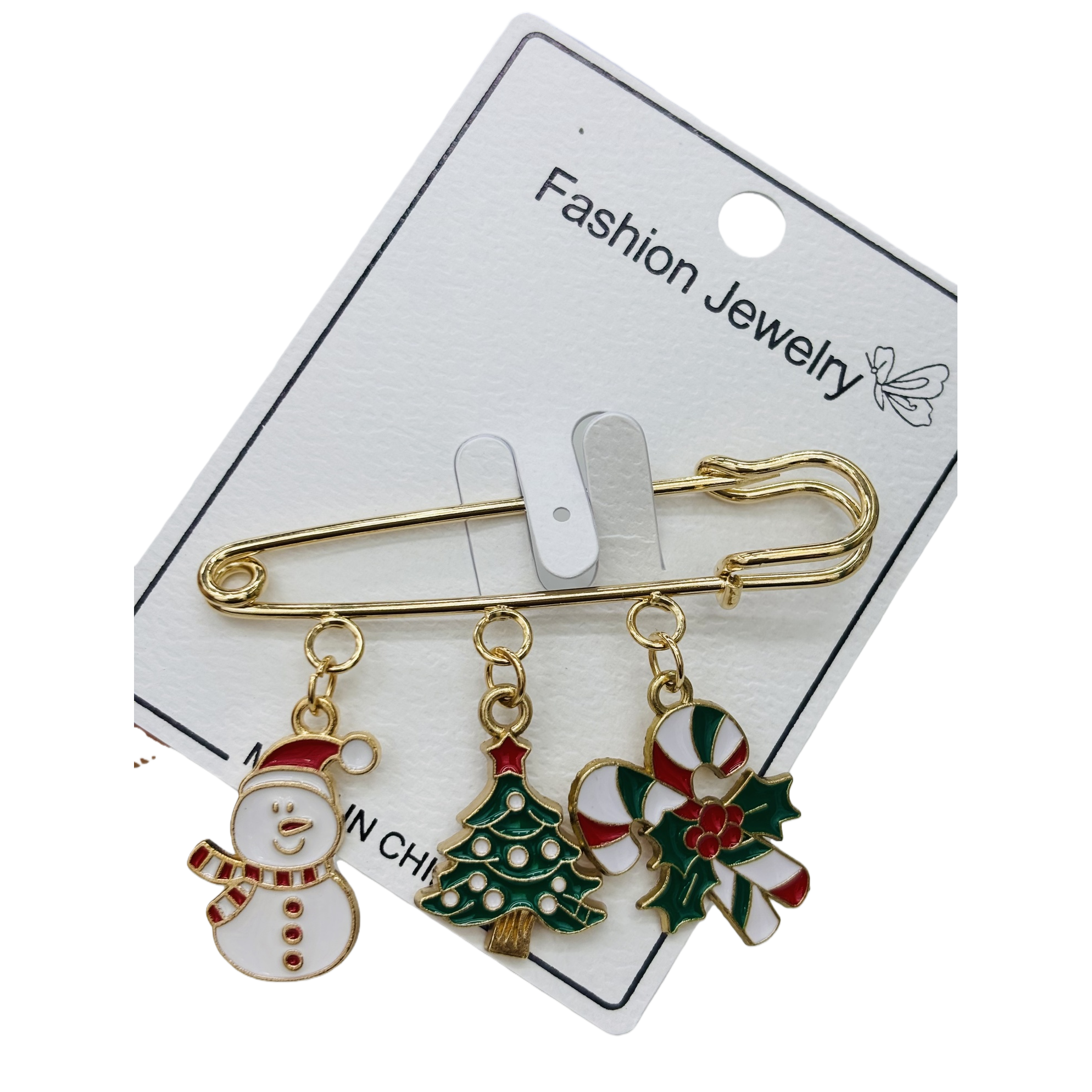 Golden safety pin Christmas-themed pendant accessory, a fashionable holiday accessory Item Picture