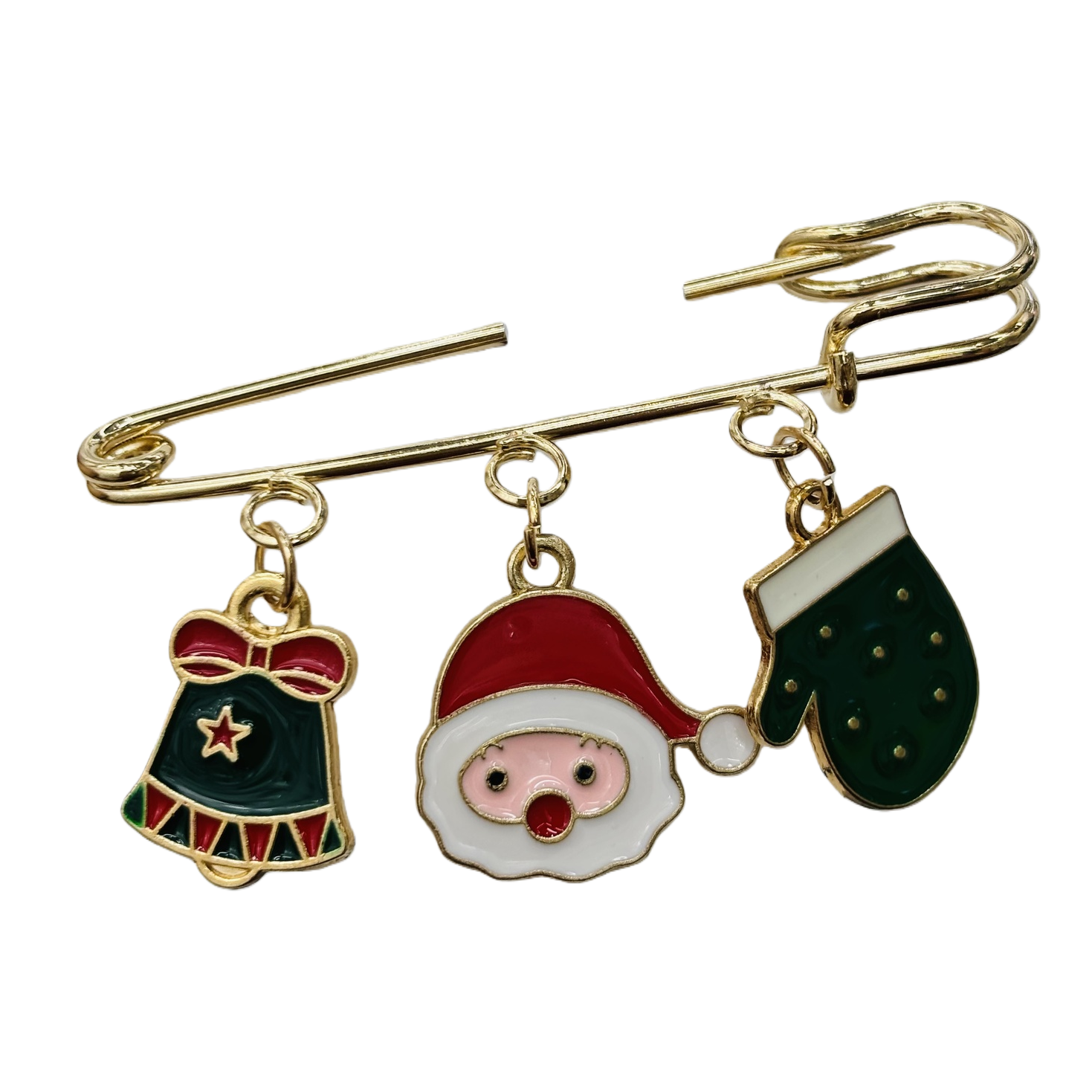 Three pendants with golden Christmas-themed brooches, bells and Santa Claus gloves Item Picture