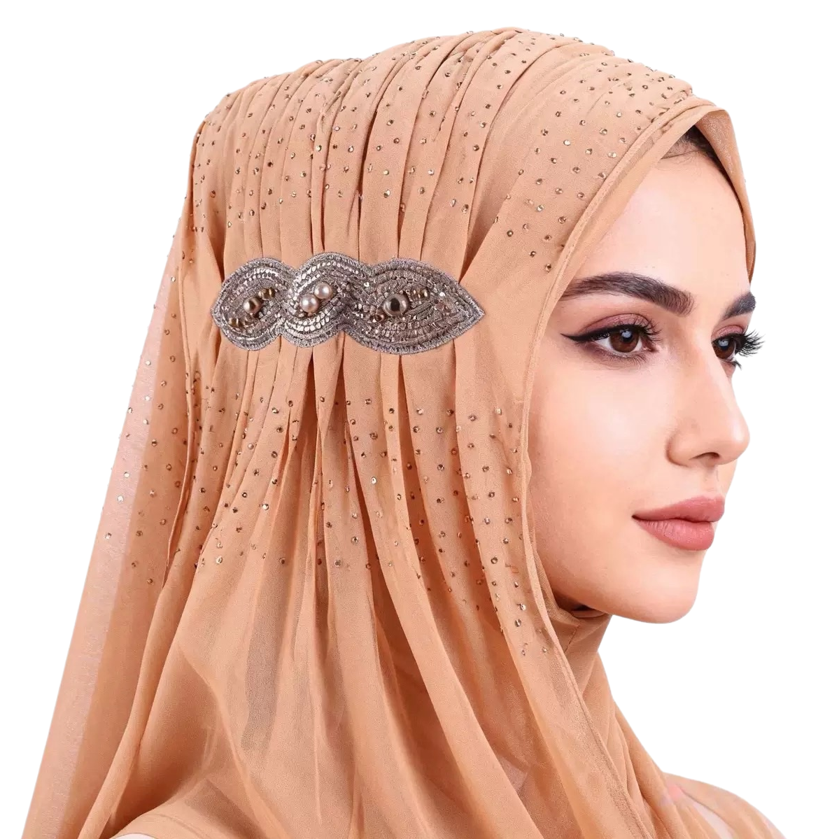 An elegant ladies' accessory set featuring a beige diamond-encrusted headscarf and silver pearl hair accessories Item Picture
