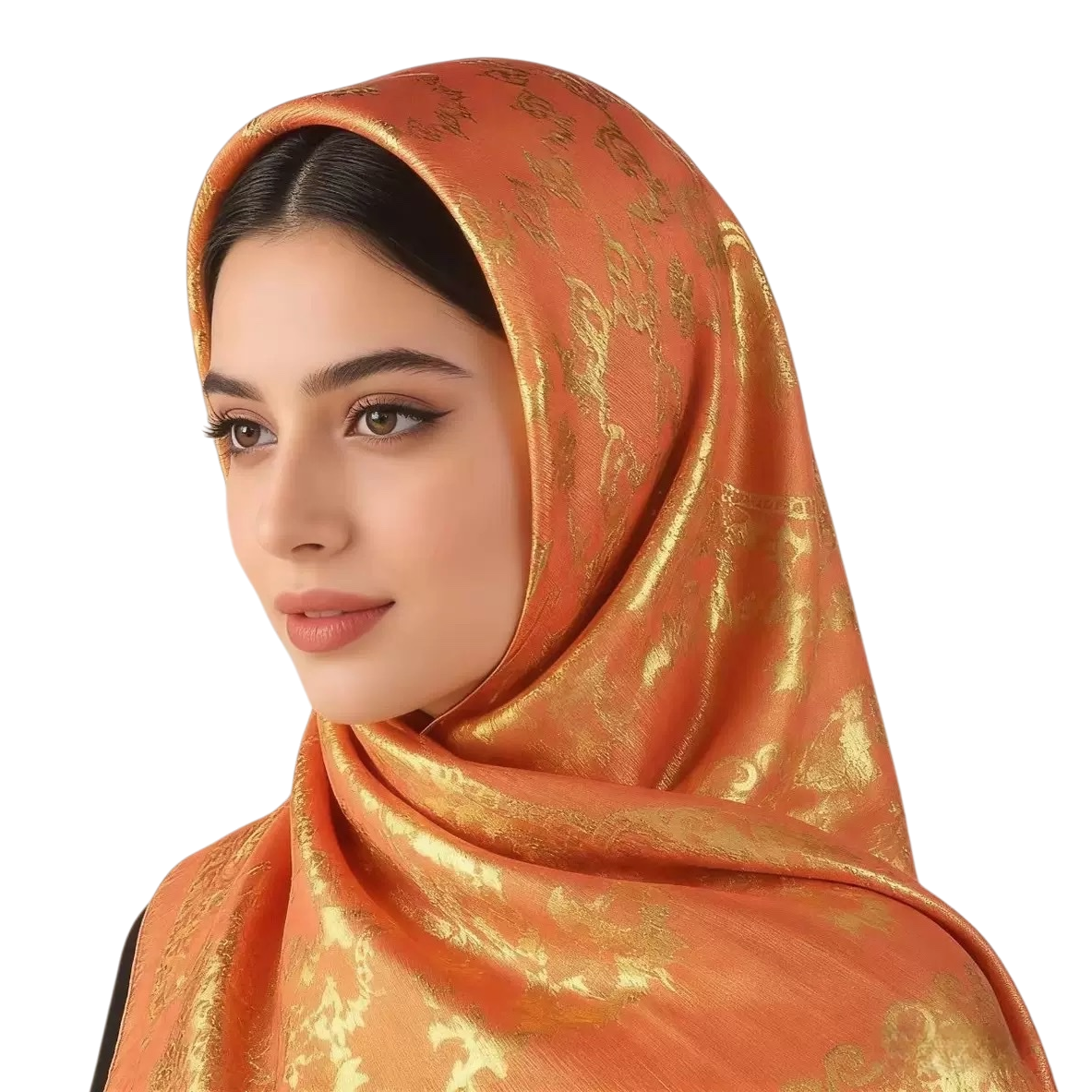 A decorative picture of a woman's head wrapped in an orange and gold-patterned headscarf Item Picture