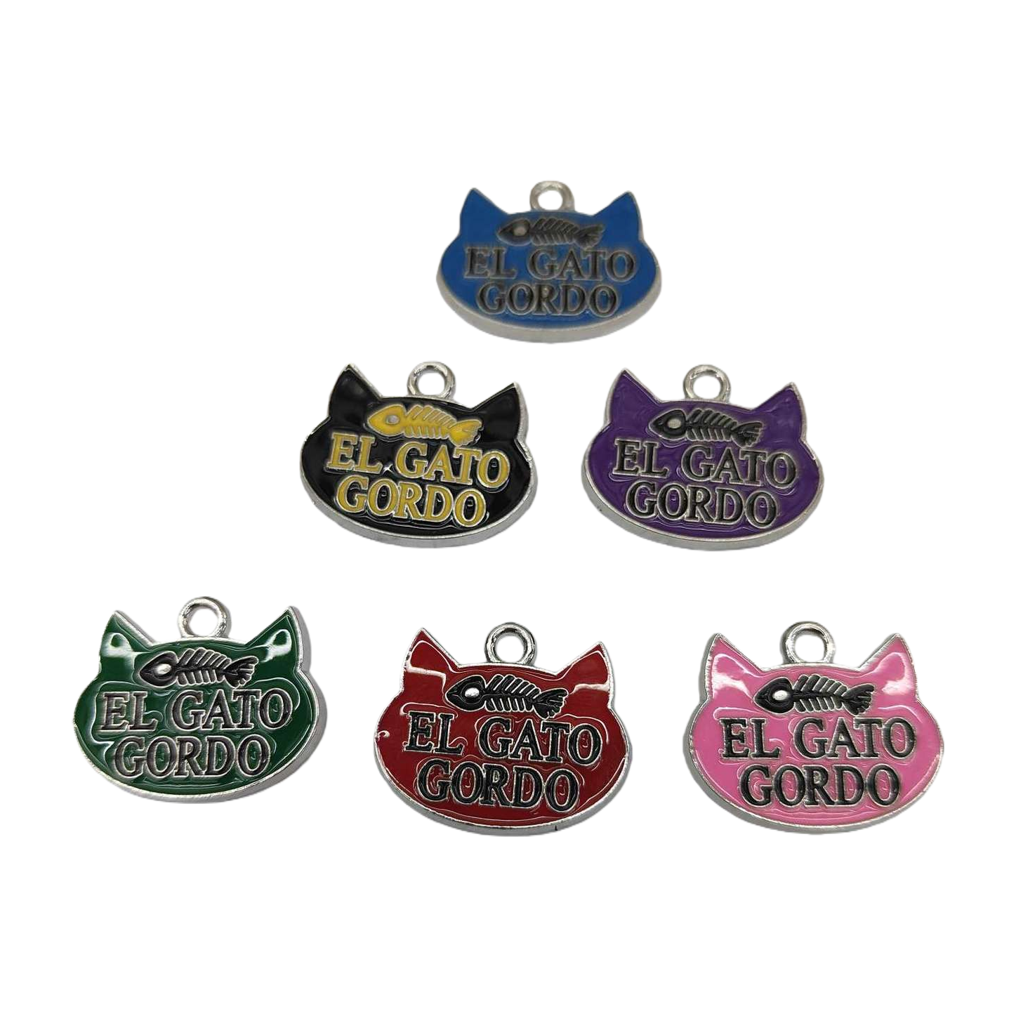 彩色猫形金属吊牌六色套装蓝黑紫绿红粉EL GATO GORDO鱼骨纹银边挂环 Item Picture