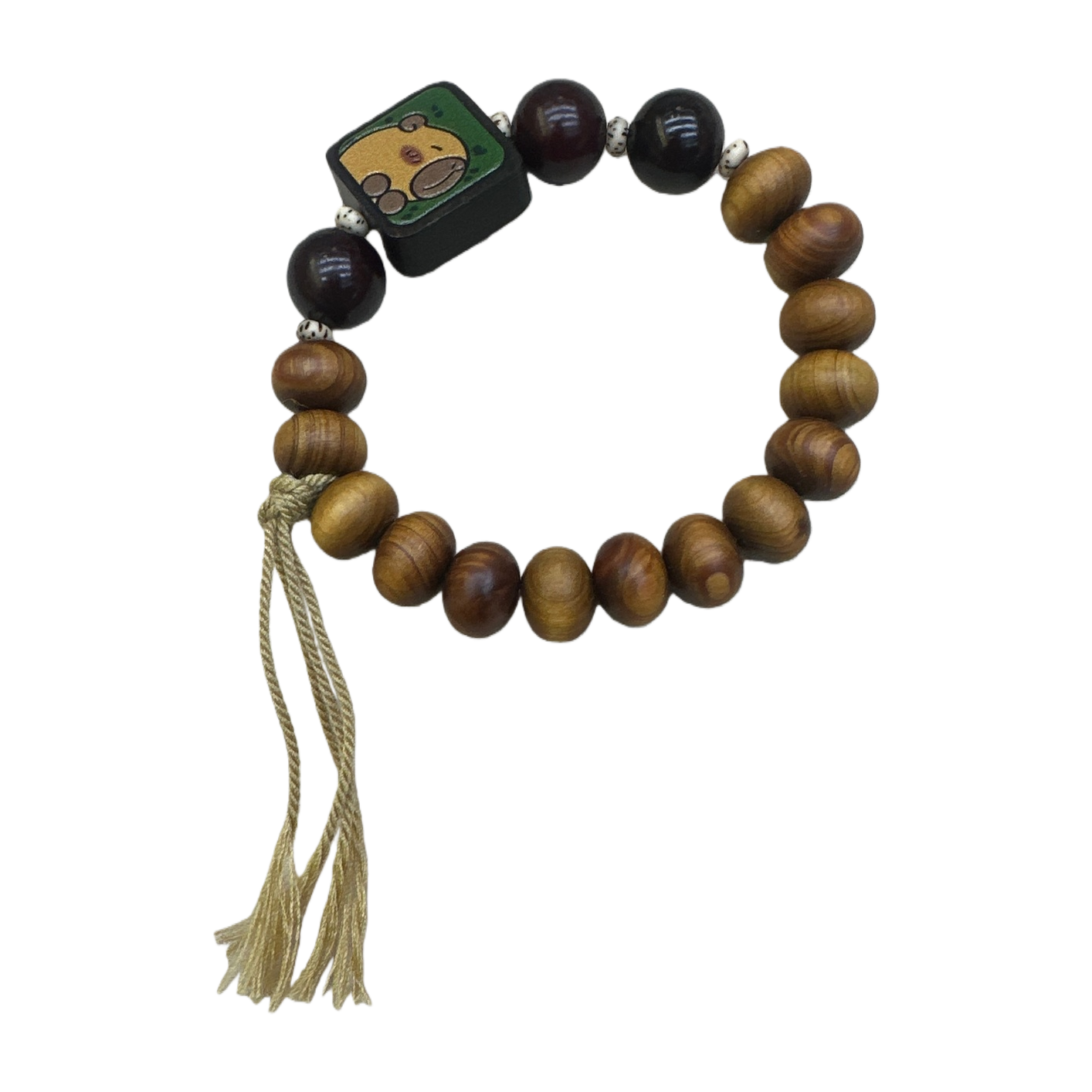 Wooden bracelet with cartoon bear pattern square beaded tassels decoration Item Picture